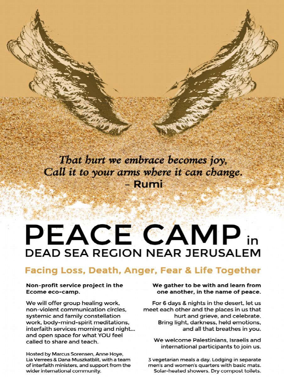 Flyer for Peace Camp: golden wings over desert sand, a quotation from Rumi and the description of the camp